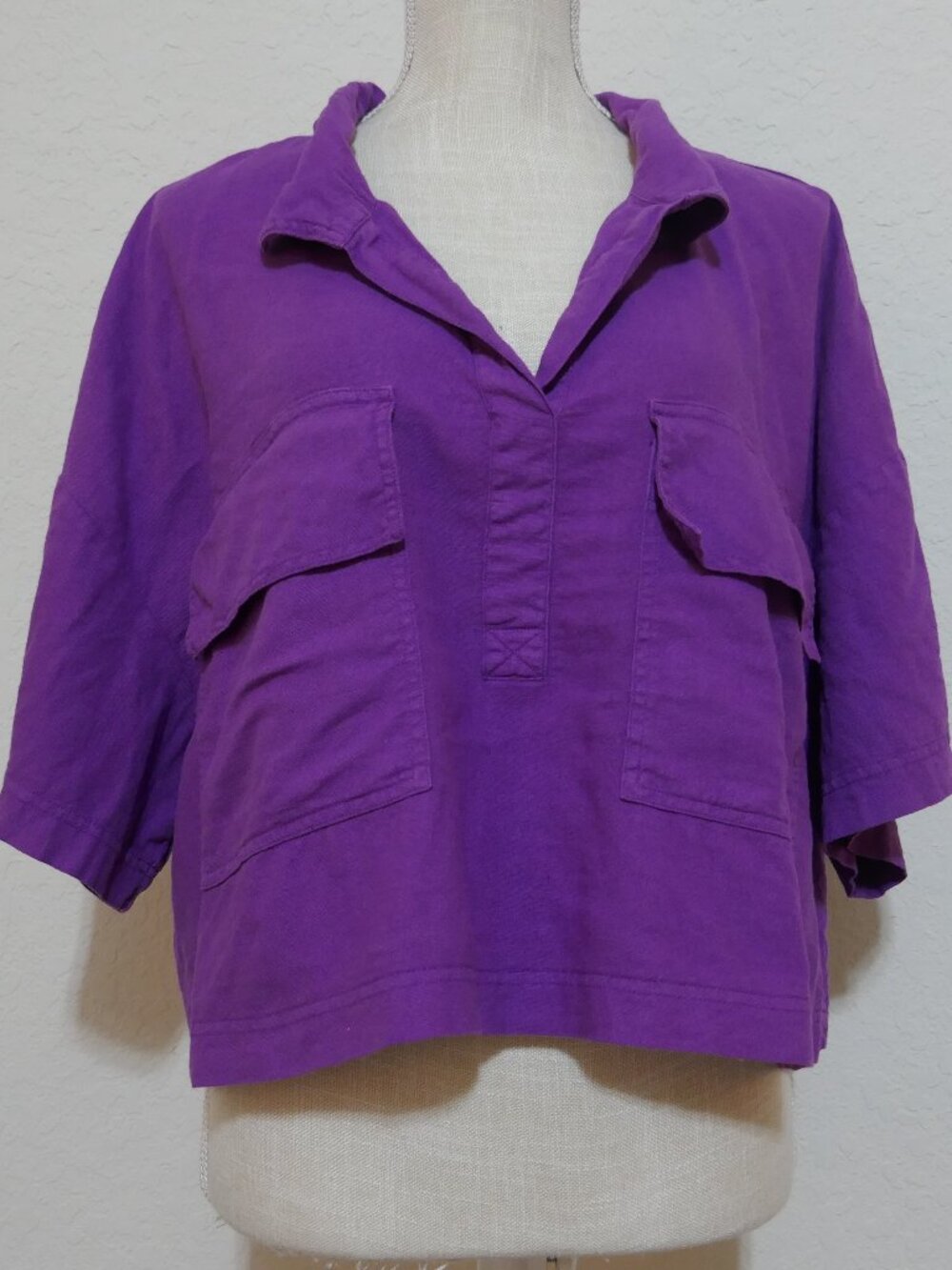 Marc New York Jeans Purple Linen Blend Cropped Short Sleeve Top Women's XL